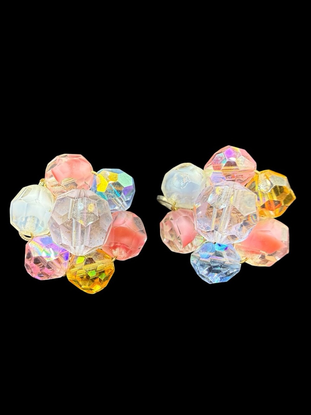 Vintage Laguna Iridescent Cluster Bead Clip-On Earrings - Pastel Multicolor